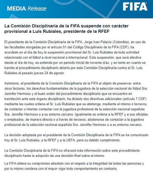 FIFA lanza comunicado por Luis Rubiales