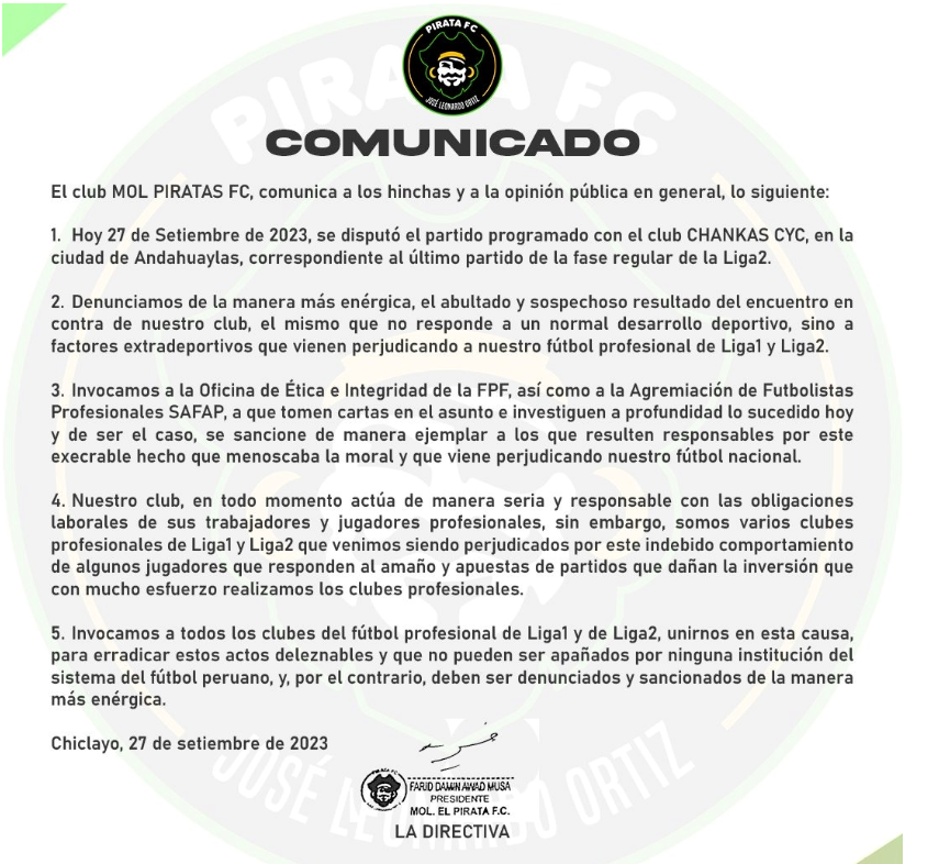 Comunicado de Pirata FC