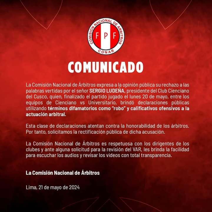 Comunicado CONAR al presidente del Cienciano luego del partido Universitario vs Cienciano